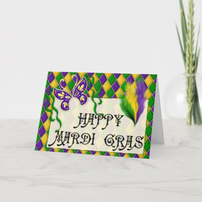Happy Mardi Gras Mask & Feathers Greeting Card d1 (Front)