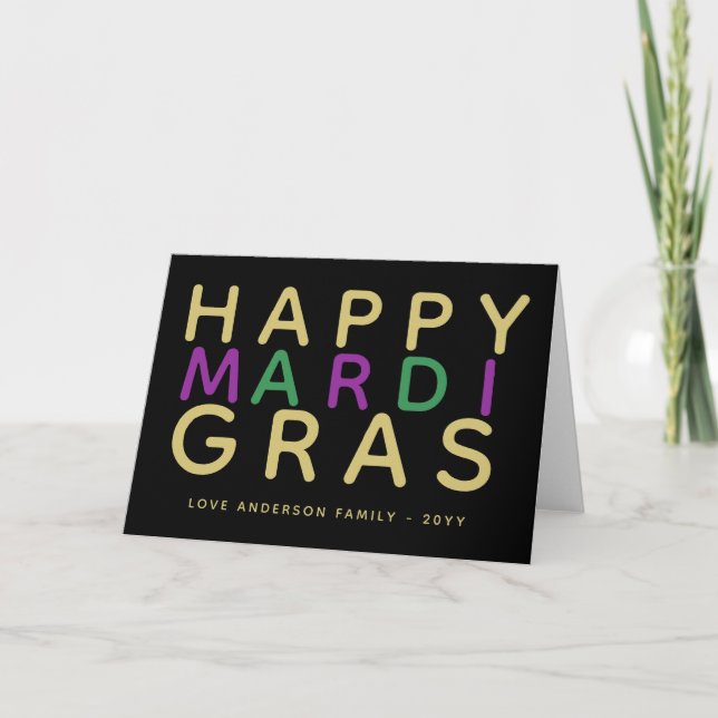 Happy Mardi Gras Purple Green Gold Personalized Card (Front)