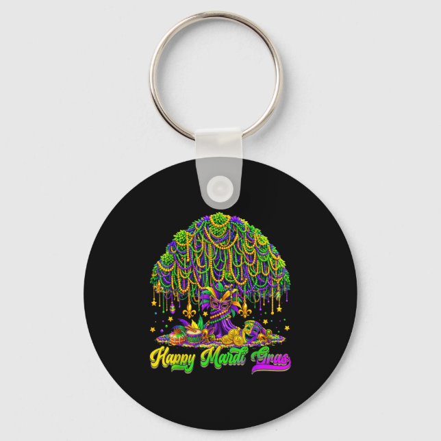 Happy Mardi Gras Tree Beads Mask Carnival New Orle Keychain (Front)