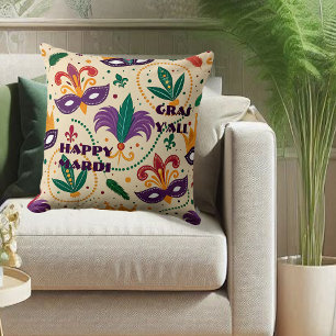 Happy Mardi Gras Y'All Masks Fleur De Lis Beads Throw Pillow