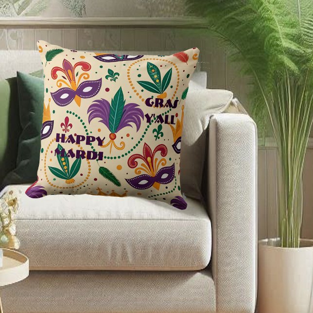 Happy Mardi Gras Y'All Masks Fleur De Lis Beads Throw Pillow (Happy Mardi Gras Y'All Masks Fleur De Lis Beads Throw Pillow)