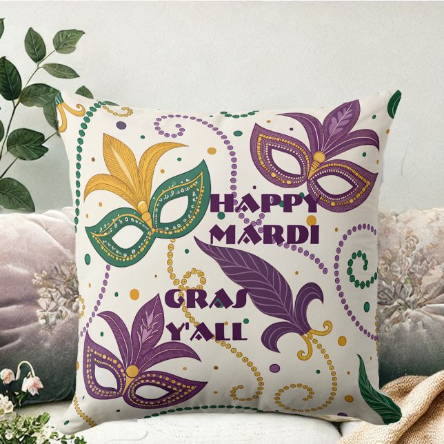 Happy Mardi Gras Y'All Masks Fleur De Lis Beads Throw Pillow (Happy Mardi Gras Y'All Masks Fleur De Lis Beads Throw Pillow)