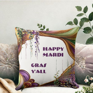 Happy Mardi Gras Y'All Purple Green Gold Colors Throw Pillow