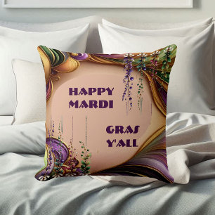Happy Mardi Gras Y'All Purple Green Gold Colors Throw Pillow