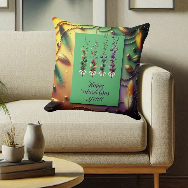 Happy Mardi Gras Y'All Quote Feather Beads Golden Throw Pillow (Happy Mardi Gras Y'All Quote Feather Beads Golden Throw Pillow)