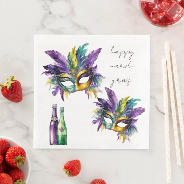 Happy Mardis Gras Feathered Masks and Bottles Paper Dinner Napkins (Insitu)