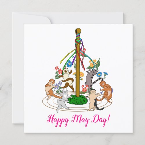 Happy May Day Cats Dancing Around Maypole Greeting Holiday Card