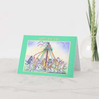 Happy May Day, cats maypole dancing, greeting card