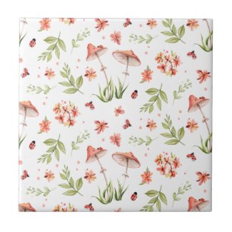 Happy Meadow Ladybug and Mushroom Seamless Ceramic Tile