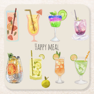 Happy meal Cute cocktail Watercolor party pink  Square Paper Coaster