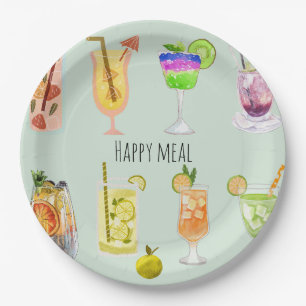 Happy meal Elegant watercolor cocktail Birthday Paper Plates