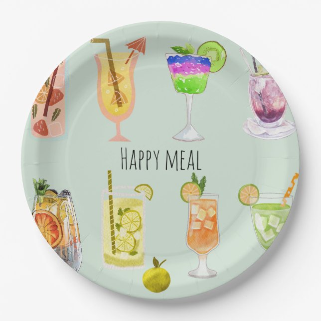 Happy meal Elegant watercolor cocktail Birthday Paper Plates (Front)