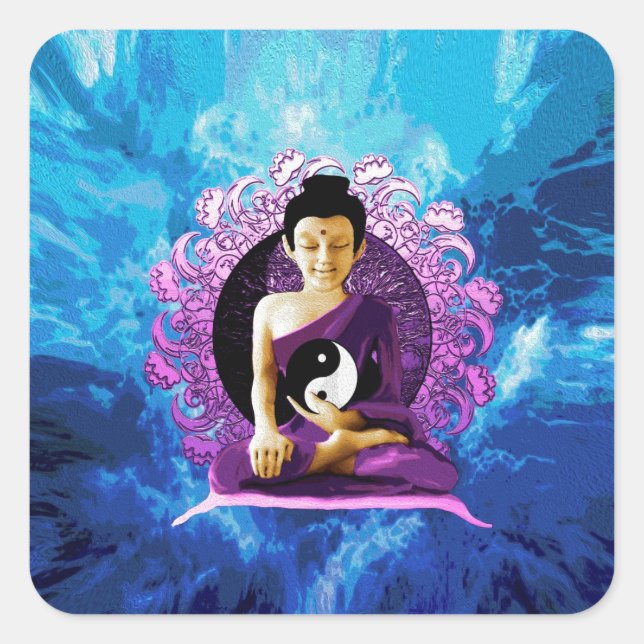 Happy Meditating Buddha Square Sticker (Front)