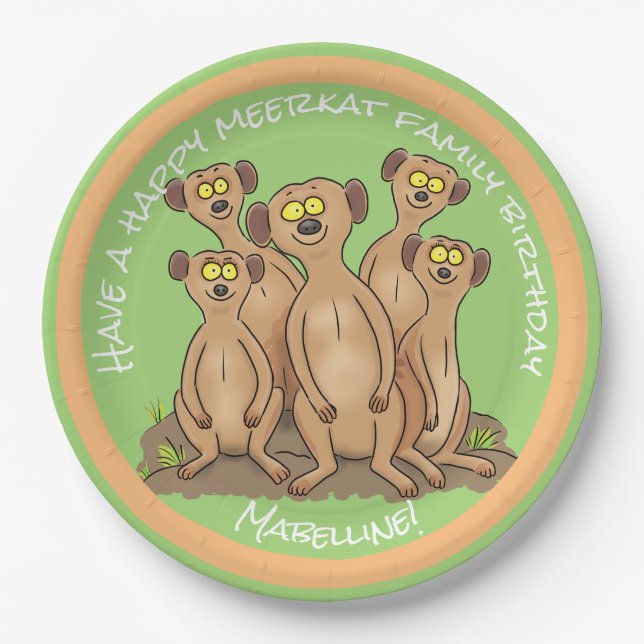 Happy meerkat family birthday cartoon paper plates (Front)