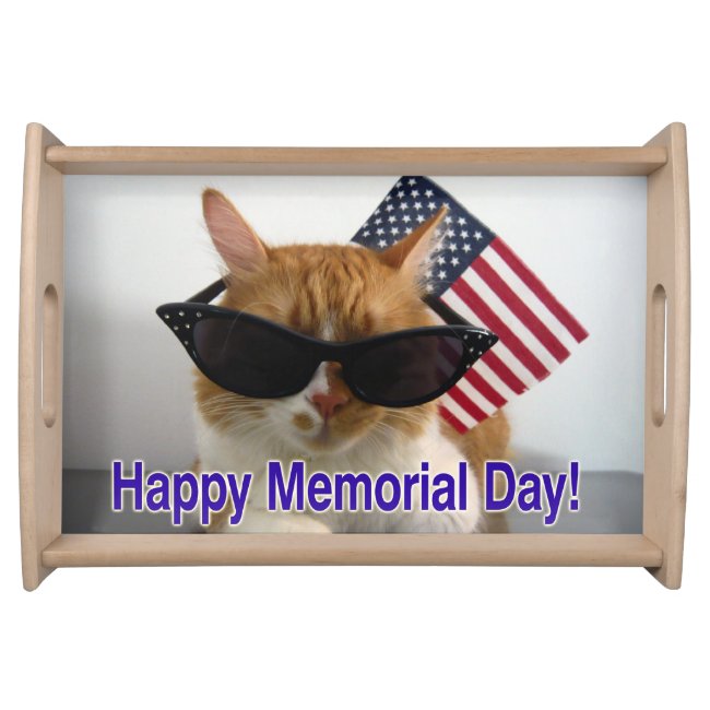 Happy Memorial Day Cool Cat with Flag Serving Tray