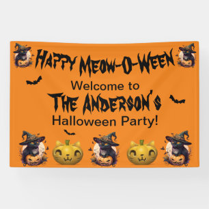 Happy Meow-O-Ween Black Cat Jack-o-Lantern Orange Banner