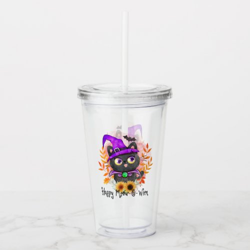 Happy Meow_o_ween _Black Witch Cat Acrylic Tumbler