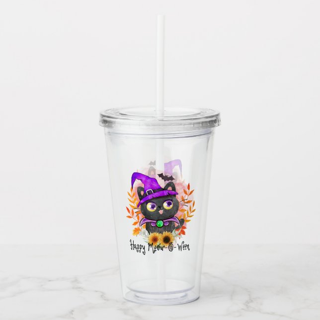 Happy Meow-o-ween -Black Witch Cat Acrylic Tumbler (Front)