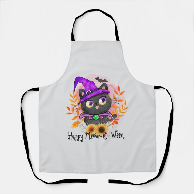Happy Meow-o-ween -Black Witch Cat Apron (Front)