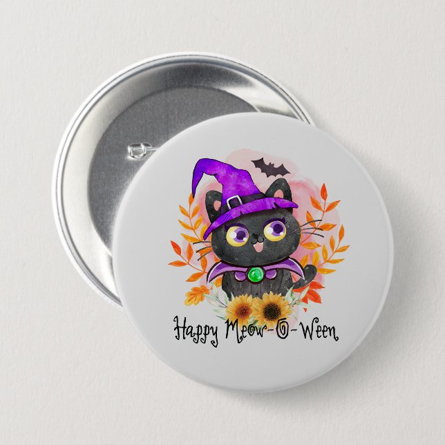 Happy Meow-o-ween -Black Witch Cat Button (Front & Back)