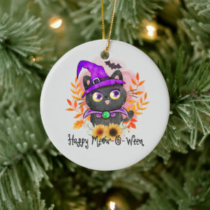 Happy Meow-o-ween -Black Witch Cat Ceramic Ornament