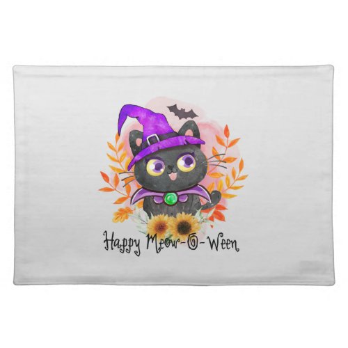 Happy Meow_o_ween _Black Witch Cat Cloth Placemat