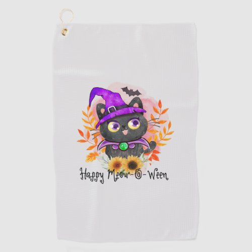 Happy Meow_o_ween _Black Witch Cat Golf Towel