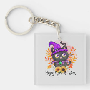 Happy Meow-o-ween -Black Witch Cat Keychain
