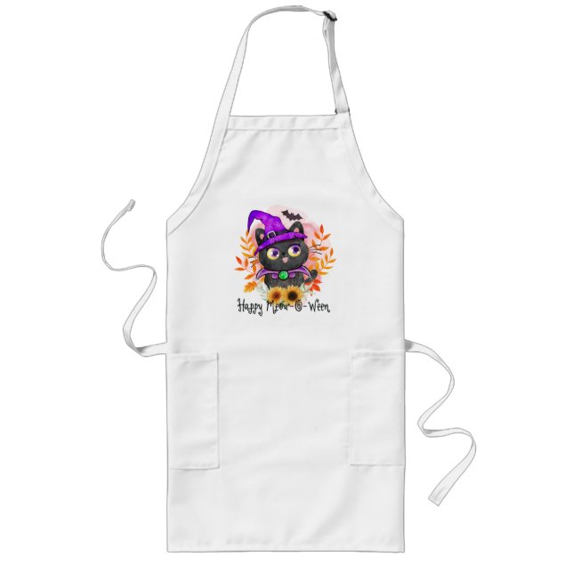 Happy Meow-o-ween -Black Witch Cat Long Apron (Front)