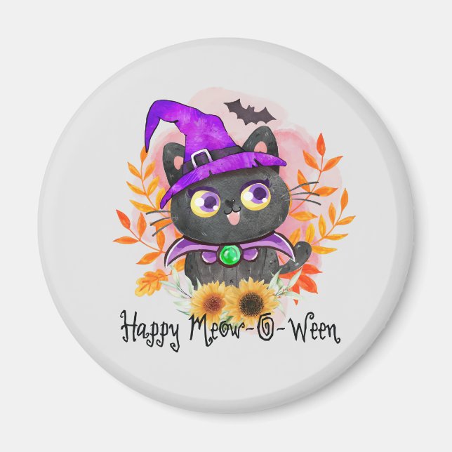 Happy Meow-o-ween -Black Witch Cat Magnet (Front)