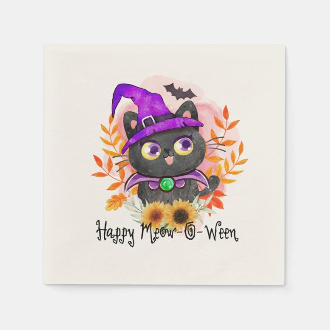 Happy Meow-o-ween -Black Witch Cat Napkins (Front)