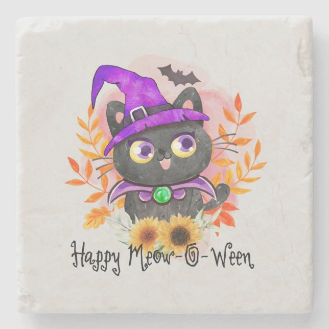 Happy Meow-o-ween -Black Witch Cat Stone Coaster (Front)