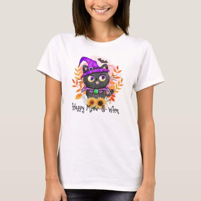 Happy Meow-o-ween -Black Witch Cat T-Shirt (Front)