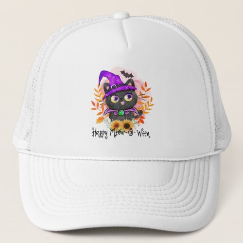 Happy Meow_o_ween _Black Witch Cat Trucker Hat