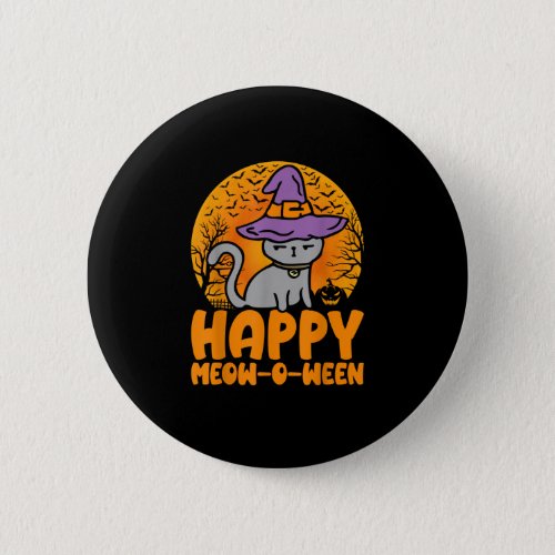 Happy Meow O Ween Pumpkin Cat Witch Full Moon Hall Button