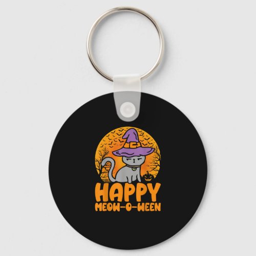 Happy Meow O Ween Pumpkin Cat Witch Full Moon Hall Keychain