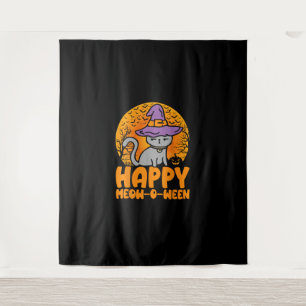 Happy Meow O Ween Pumpkin Cat Witch Full Moon Hall Tapestry