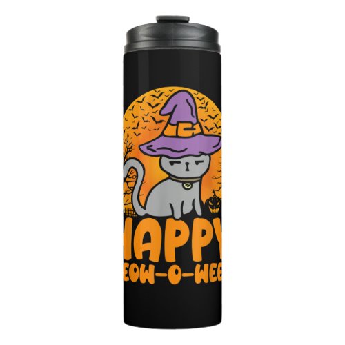 Happy Meow O Ween Pumpkin Cat Witch Full Moon Hall Thermal Tumbler