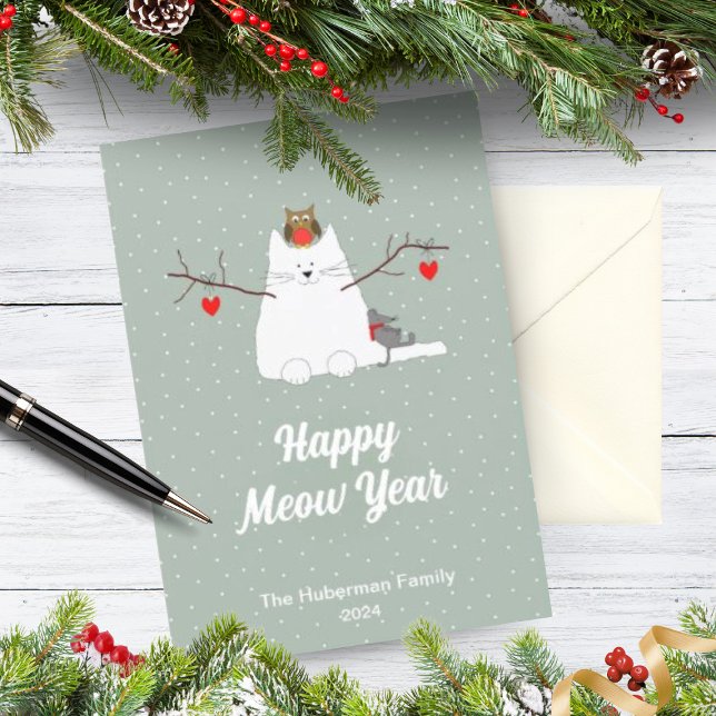 'Happy Meow Year' Cat Christmas Flat Holiday Card (A beautifully illustrated Christmas card with a snowcat, an owl and a sleeping mouse.)