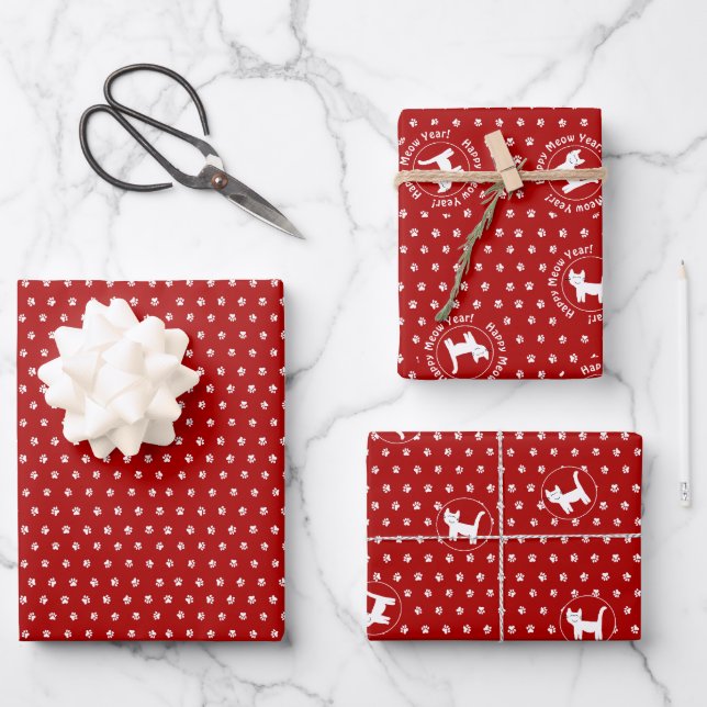 "Happy Meow Year" cat lover  Wrapping Paper Sheets (Front)