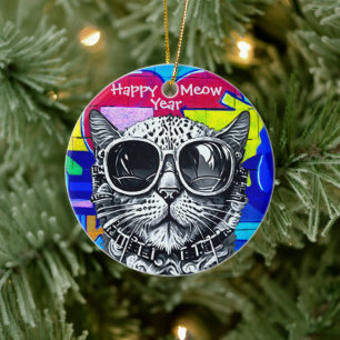 Happy Meow Year Pop Art Cat Ceramic Ornament