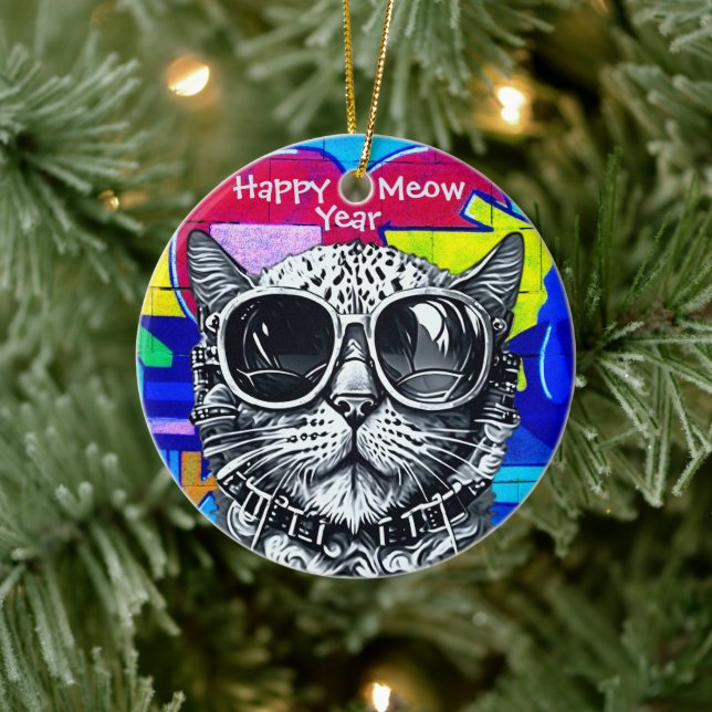 Happy Meow Year Pop Art Cat Ceramic Ornament (Tree)