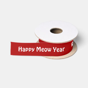 'Happy Meow Year' Red Pawprint Christmas Holiday Satin Ribbon