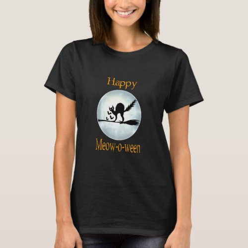 Happy Meoween Funny Witch Cat Broom Scary Horror M T_Shirt