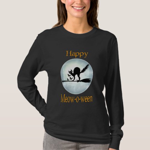 Happy Meoween Funny Witch Cat Broom Scary Horror M T_Shirt