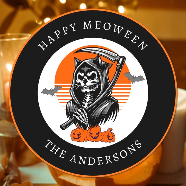 Happy Meoween Spooky Grim Reaper Cat Halloween Classic Round Sticker (Creator Uploaded)