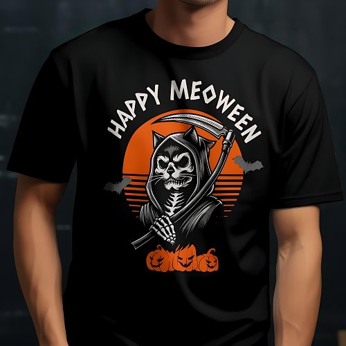 Happy Meoween Spooky Grim Reaper Cat Halloween T_Shirt