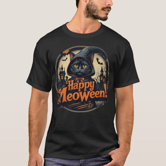 Happy Meoween Spooky Kitty Cat Halloween T-Shirt (Front)