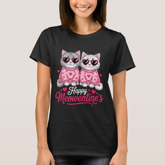 Happy Meowentine’s Cute Romantic Cats Couple Valen T-Shirt (Front)