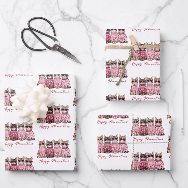 Happy Meowentine's Cats in Sweaters Valentines Wrapping Paper Sheets (Front)